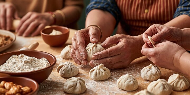 Traditional dumpling making process close up view