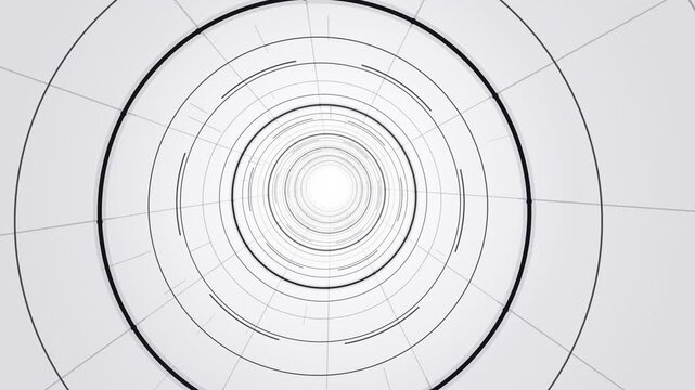 Futuristic White Tunnel Loop with Concentric Rings and Grid Lines