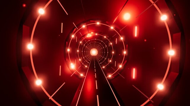 Fast moving futuristic red neon tunnel with glowing lamp circles and
