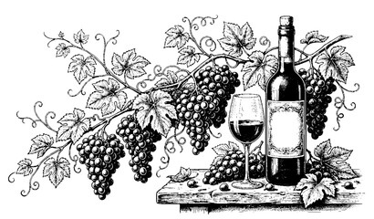 Obraz premium Vintage wine bottle and glass with grape vine bunches on wooden table woodcut vector illustration