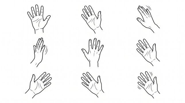 Set of hand drawn sketches showing various hand waving gestures and greetings.