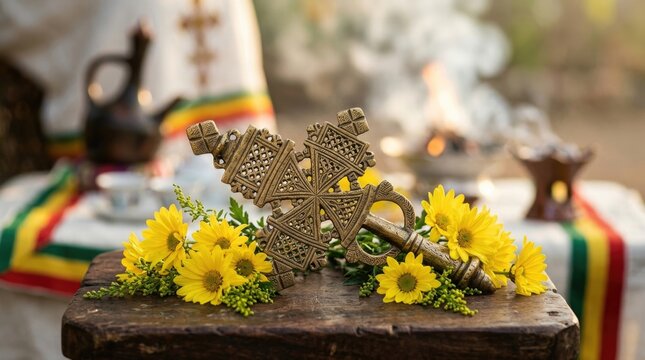 Meskel celebration featuring an ornate brass ethiopian orthodox christian cross, fresh yellow daisy bloom decoration on rustic wooden table, blurred ceremonial background.