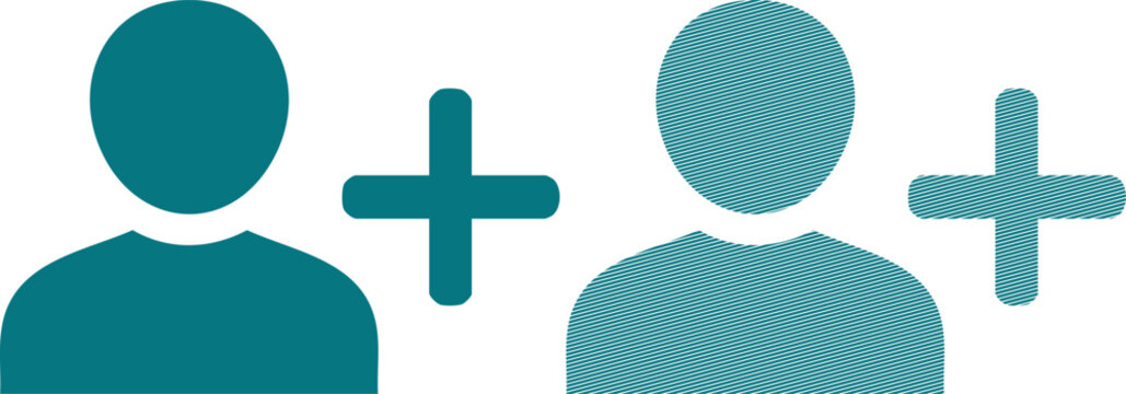 Teal user icons with plus signs, one solid and one with diagonal line pattern texture desi