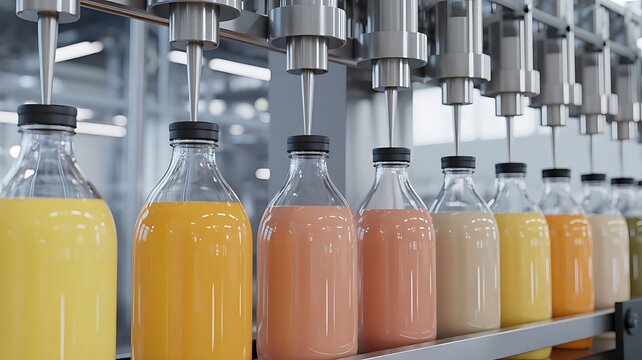 Industrial bottling line filling glass bottles with colorful fruit juices and dairy drinks in a modern automated food processing manufacturing plant