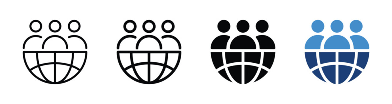 Global community icon with globe and people symbol. Vector and transparent PNG
