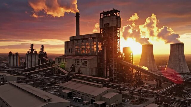 Industrial Power Plant Chimneys Releasing Smoke at Sunset