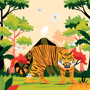 Illustration of a sumatran tiger in the jungle with a volcano in the background