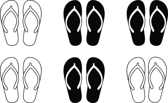 Flip flop icon set featuring beach slippers, summer footwear, thong sandals, and vacation accessories vector elements.