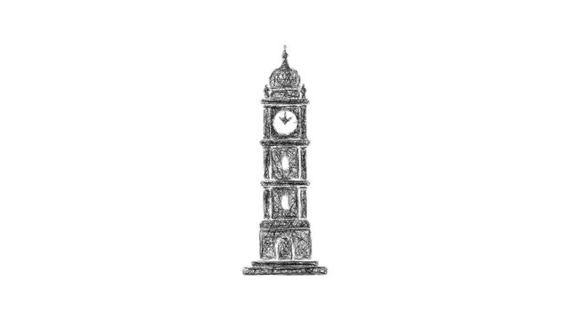 Sketch clock tower icon animation - smooth progressive reveal
