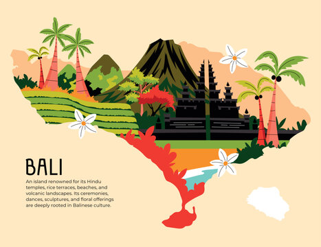 Bali island landscape with temple and volcano illustration