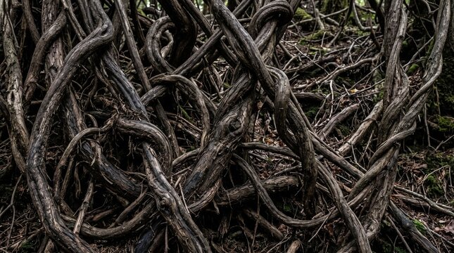Dense intertwining roots and vines creating a natural forest floor