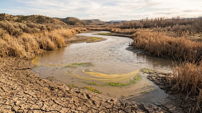 A winding river flows through a dry landscape with tall grasses