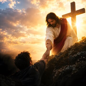 Jesus Christ reaching out a hand to help a struggling man climb a rocky hill near a cross at sunset
