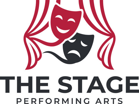 The stage performing arts vector logo with theater curtains