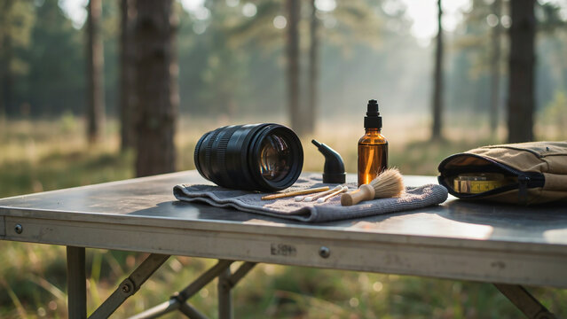 Camera lens and cleaning tools on a table in a forest setting