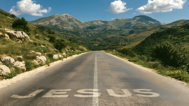 The Path Ahead: A clear asphalt road stretches towards majestic mountains, with the word JESUS boldly painted on its surface, symbolizing faith and the journey of life.