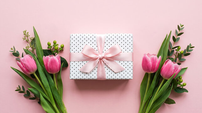 Gift box with pink ribbon and tulips on pink background