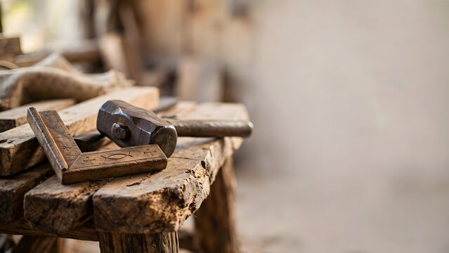 Craftsman's Tools: A close-up shot of woodworking tools including a hammer and a square resting on a weathered wooden surface, hinting at a workshop filled with creativity and manual skill.
