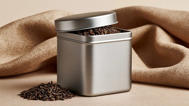 Silver tin overflowing with loose leaf tea
