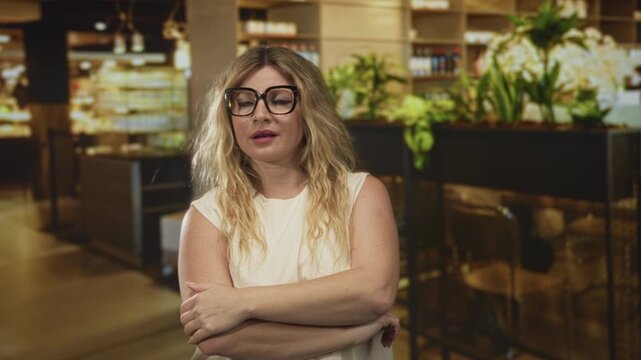 Woman with arms crossed in building, wearing glasses and sleeveless cream top, neutral folded posture and slight smirk; stubborn annoyance.