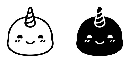 Cute Narwhal Icons, Kawaii Marine Mammal Vector Graphics, Adorable Unicorn Whale Illustrations, Simple Black and White Cartoon Characters © Annafi