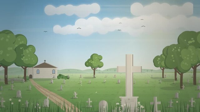 Peaceful Christian Graveyard with White Crosses and Country Church in