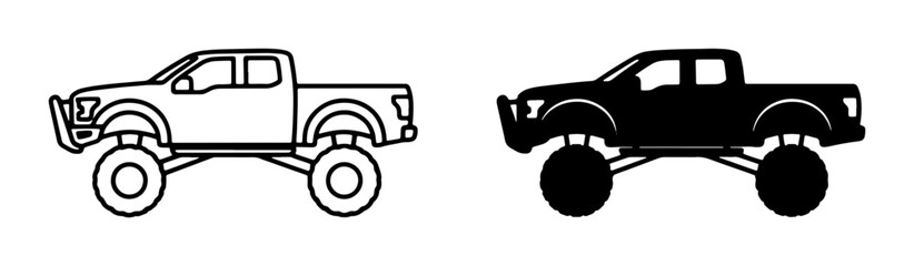 Monster Truck Icons, Off-Road Vehicle Silhouettes, Lifted Pickup Truck Graphics, Rugged Transportation Vector Art © Annafi