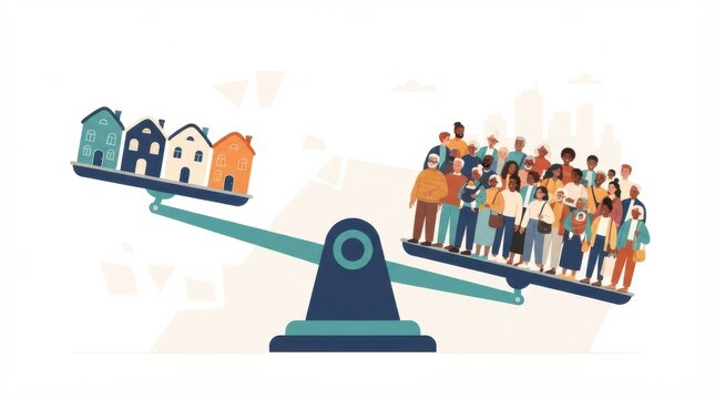 A visual balance shows a few homes on one side and a large group of people on the other side, representing housing demand in urban spaces.