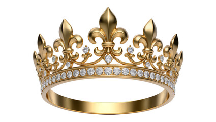 Ornate golden crown with fleur-de-lis and diamonds, isolated on transparent background © Denis