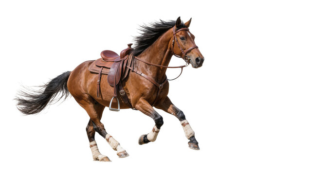 Brown horse with leather saddle and bridle galloping, isolated on transparent background
