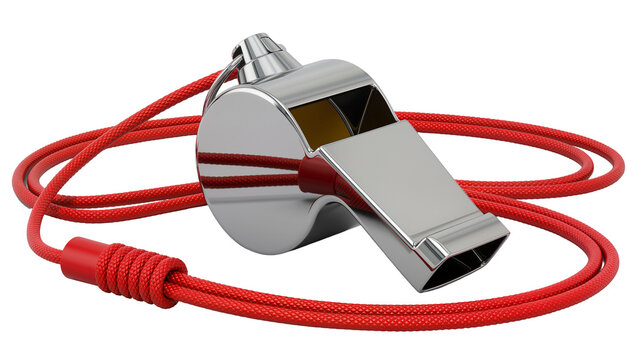 Shiny metal whistle with red cord, isolated on transparent background