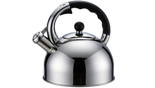 Shiny chrome whistling kettle with black handle, isolated on transparent background
