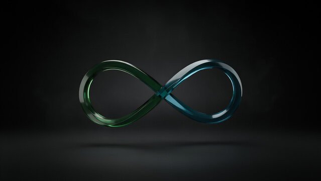 Glossy infinity symbol with green and blue gradient on dark background
