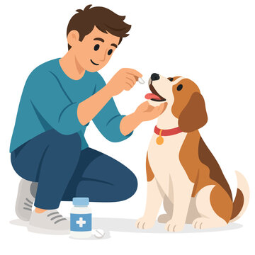 Vsai man giving medication to dog for pet health care