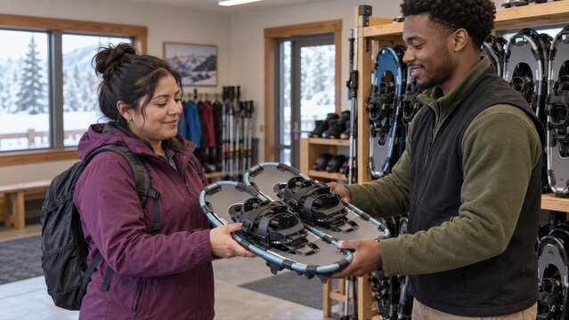 A customer receives a compact pair of snowshoes from an attendant as both support the frames during a winter equipment handover in a rental shop