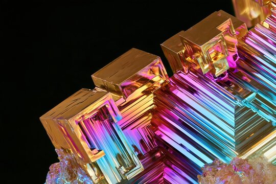 Macro shot of bismuth crystal with stepped geometric structure showing rainbow iridescence against black background