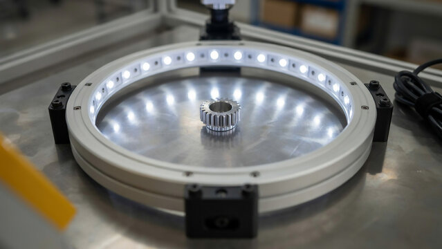 Industrial gear under led ring light for control keywords: gear, cogwheel, metal, precision