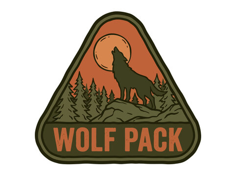 Wolf Pack Howling Silhouette Mountain Triangle Badge Logo