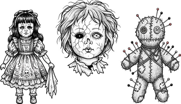 Creepy Horror Doll Vector Art Set Featuring Spooky Vintage Porcelain Doll Cracked Doll Head and Voodoo Doll with Pins Graphic Illustration