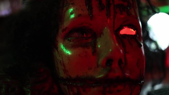 Halloween horror mannequin with mutilated face and sealed mouth appears under red and green lights creating a disturbing haunted attraction scene for visitors at night