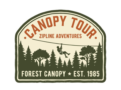 Canopy Tour Zipline Adventure Badge with Forest and Mountain Vector Illustration