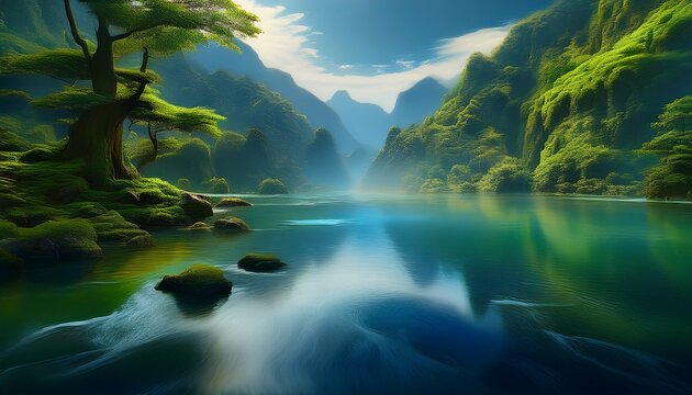 blurred image of green forest and wide river jpg