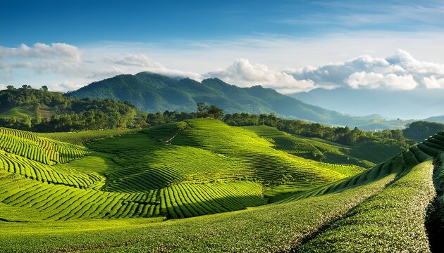 green tea plantation landscape rural farmland fields terraced farmer hills with greenery and mountain on horizon