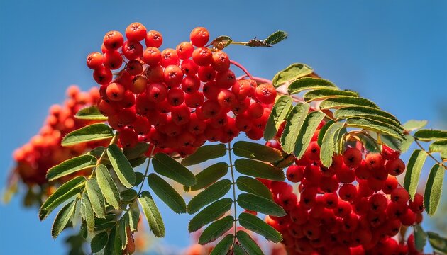 the wonderful colors of late summer a close up of intensely red rowan berries against a clear blue sky