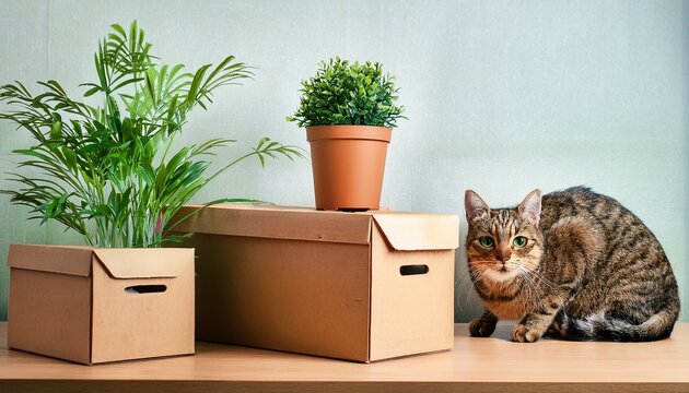 boxes for things pot with plants and cat on the table