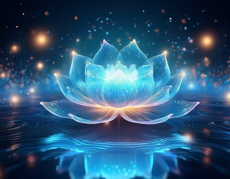 a glowing blue lotus flower floats on water with holographic particles and dots of light around it