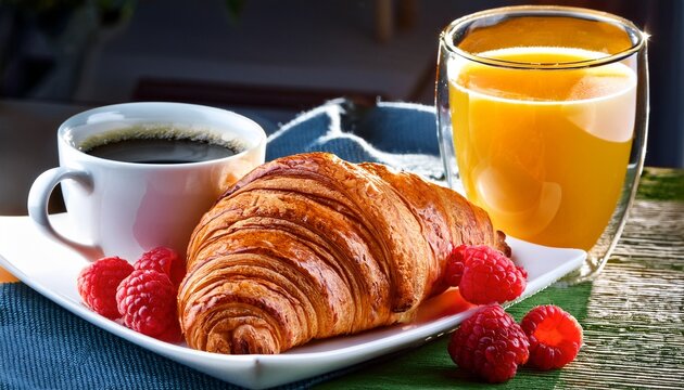 continental croissants breakfast pastry espresso black coffee orange juice fresh raspberries berries fruit