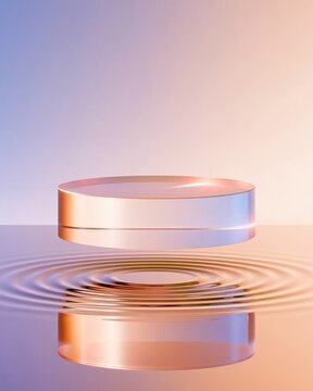 Floating frosted acrylic cylinder podium hovering above rippling water surface with soft gradient background