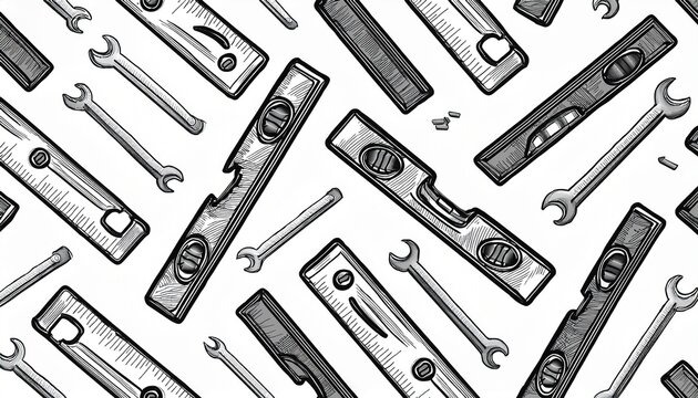 seamless pattern of construction level in black and white sketch style hand drawn measuring tool for wallpapers and packaging