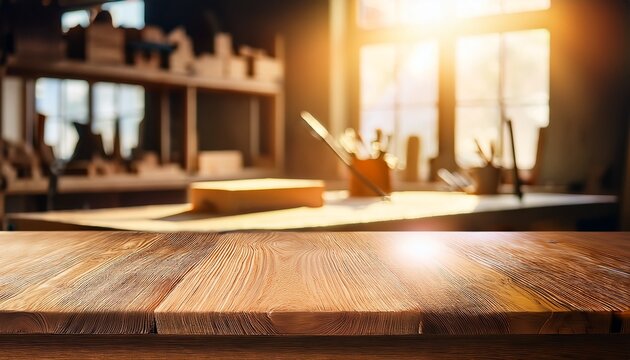 empty wooden workbench in a sunlit workshop with blurred background